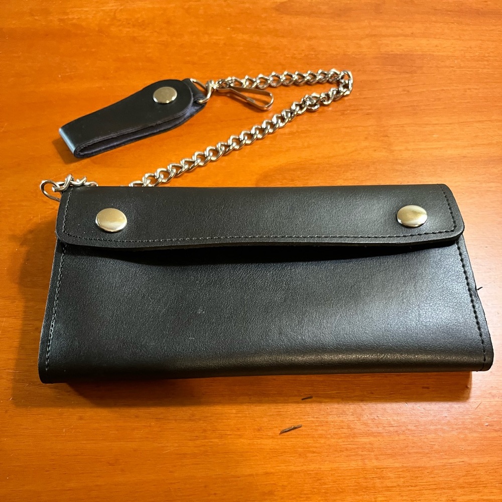 Trifold Leather Chain Motorcycle Biker Wallet Black